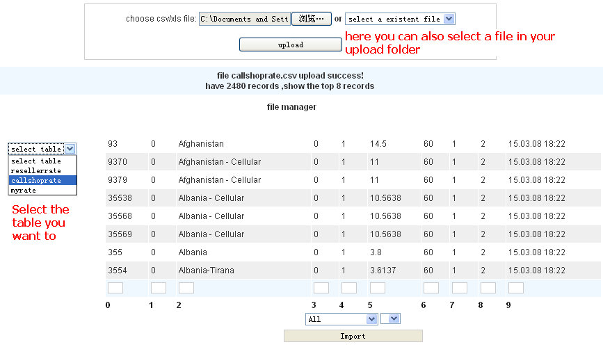 import data in asterCC You can import your data via web page in asterCC, in asterCRM, you can import customers, contacts and diallist, in asterBilling, you can import customerrate, grouprate and resellerrate, when import...